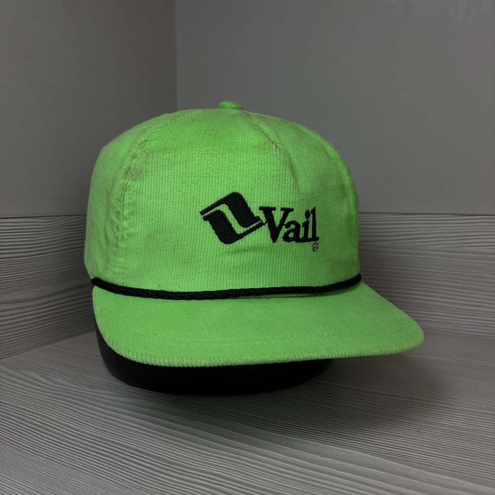Vintage 80's Vail Colorado Rope Hat Corduroy Neon Green Ski Cap Adjustable